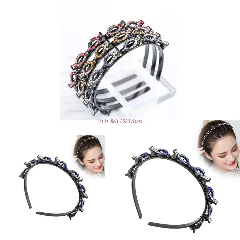 

49ME двухслойная повязка на голову с заплетенной косой, двойная челка для заколок для волос со стразами, обруч для волос