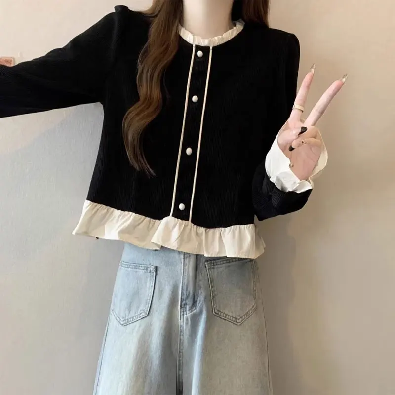 

French Style Corduroy Short Shirt Women's Clothing Stylish Patchwork Spring Autumn Single-breasted Commute Long Sleeve Blouse