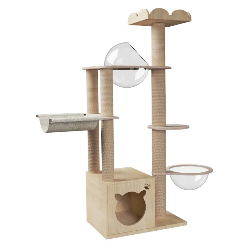 Entertainment Scratching Post Tower Platform Wooden Cat Trees with Integrated Natural Safety Toys