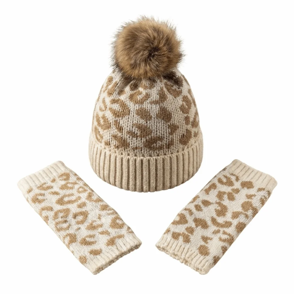 2Pcs/Set Simple Leopard Print Hat Gloves Set Thickened Warm Knitted Beanie Soft Knitted Pullover Hat Women