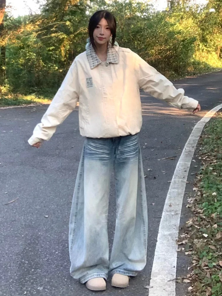 Grande taille Vintage américain Sle couteau Denim jean femmes automne hiver Fce doublé Thi taille basse mince jambe droite...