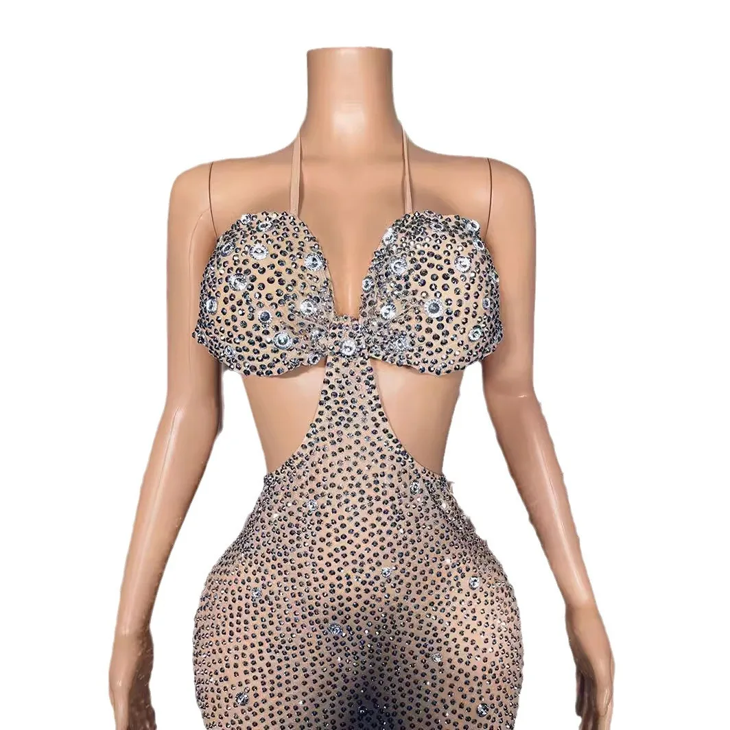 Long Fashion Sleeveless Long Dress - Boutique Hollow Luxury, Sexy For Women Crystal Embellished Dresses Body Transparente Flecos