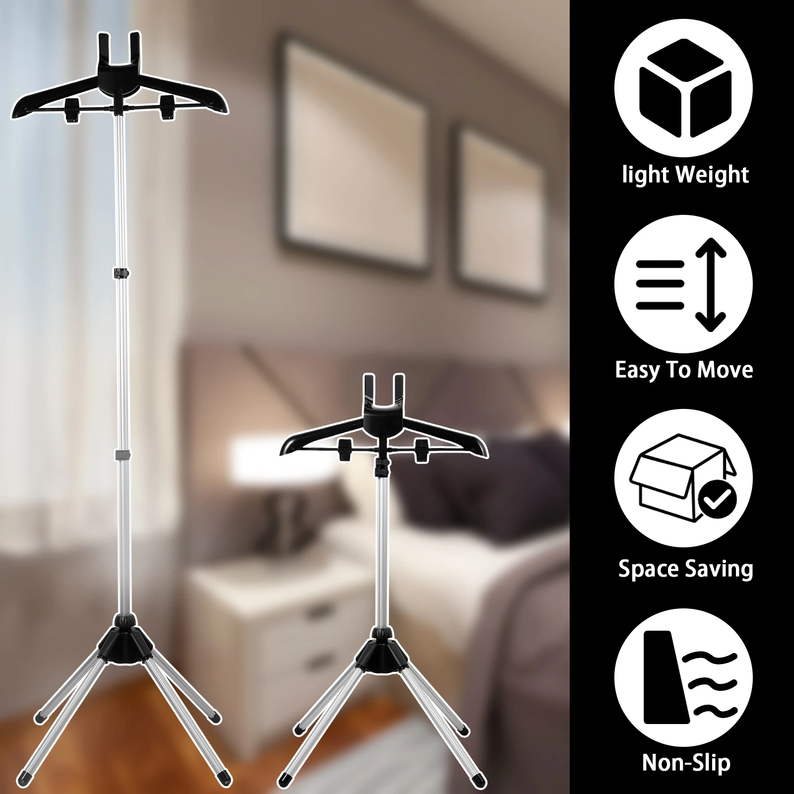 Supporto Telescopico Per Vaporiera Pieghevole In Lega Di Alluminio, Altezza Regolabile 85-160 Cm Con Gancio E Levapelucchi - 3