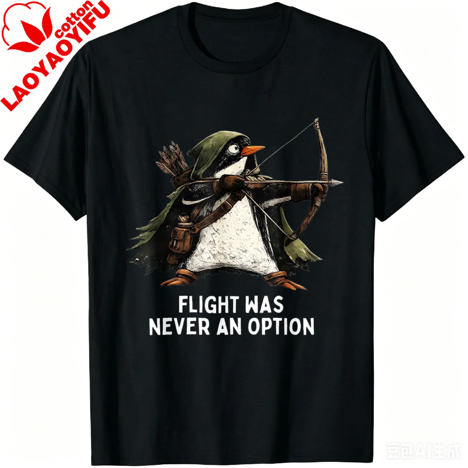 Flight Was Never An Option Archer Penguin Graphic Funny T-Shirt Y2k Harajuku Men's and Women's 100% Cotton Short-Sleeved Shirt