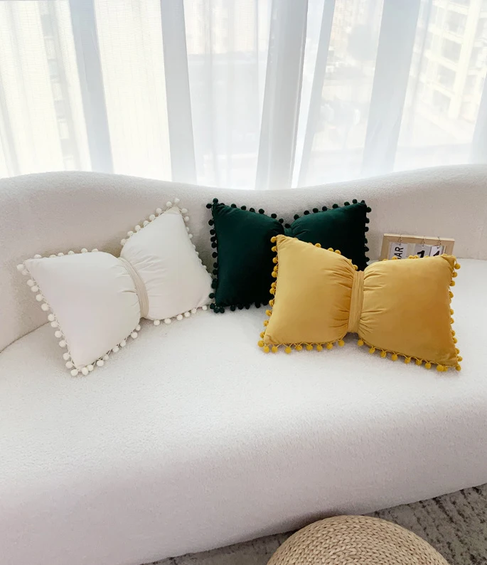 Velvet Bows Pillow Pompom Cushion Cover Decorative Pillows Throw Pillowcase Solid Colors Bow Cushions Cover Home Sofa Seat Decor