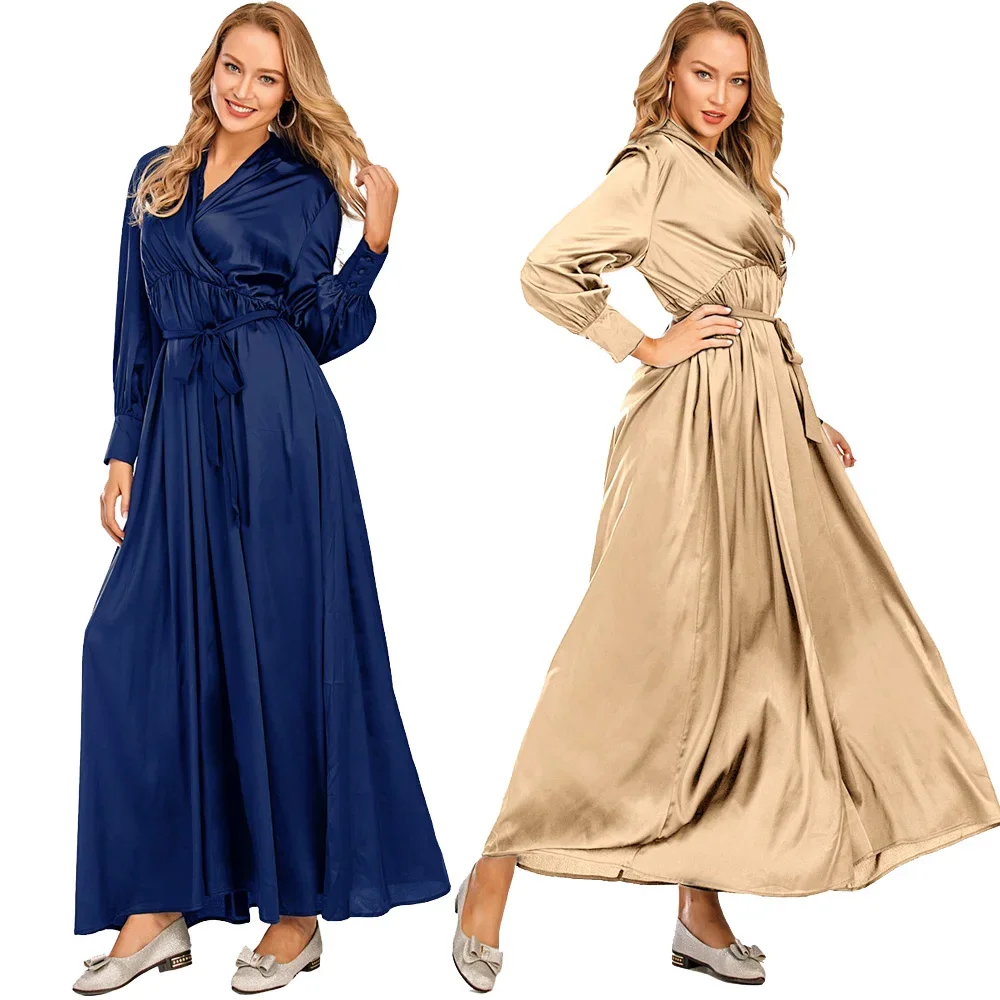 5 Colors Muslim Abaya Long Maxi Dress V-neck Fashion Shirt Robe Gown Long Sleeve Ramadan Islamic Arab Robe Dubai Casual Dress