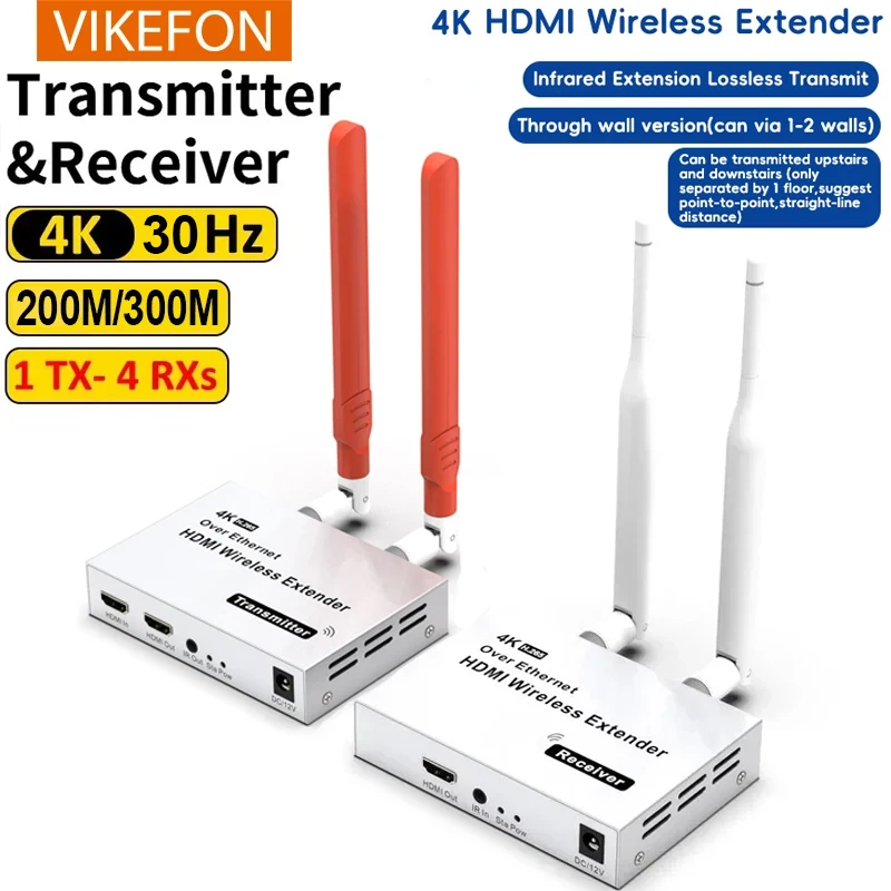 VIKEFON 4K 200M/300M 5.8GHz Wireless HDMI Transmitter Receiver Extender 1 TX-4 RX Audio Video Extender HDMI Loop-Out For TV Box