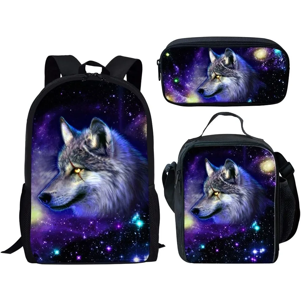 

Galaxy Wolf Backpack with Lunch Box Pencil Case 17Inch Bookbag Adjustable Lightweight Large Capacity Colorful Wolf Backpack Set