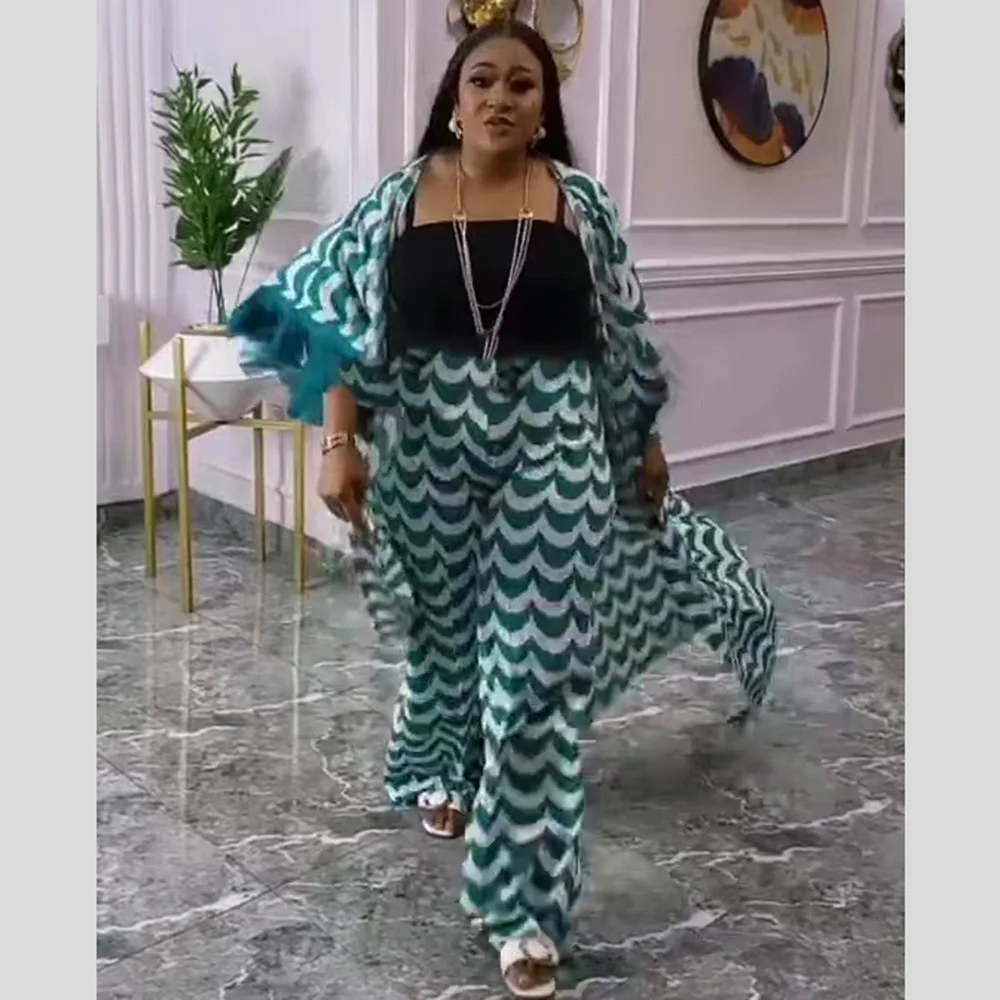 African Clothes Women3 Piece Set Women Tracksuit Summer Clothes Casual Party Long Dress Tops Wide Leg Pants Suits Outfits