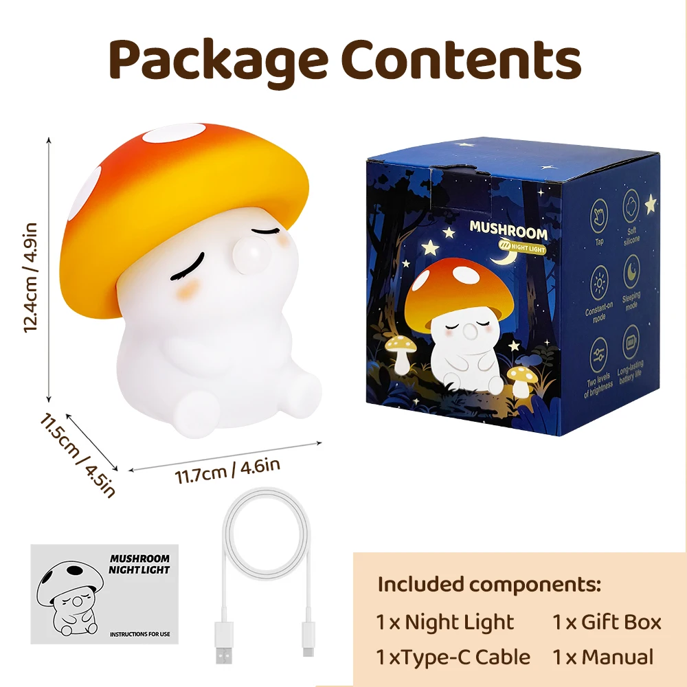 Mushroom Night Light Tap Control Color Changing Silicone Bedside Lamp Rechargeable Cute Nursery Lamp For Birthday Gifts