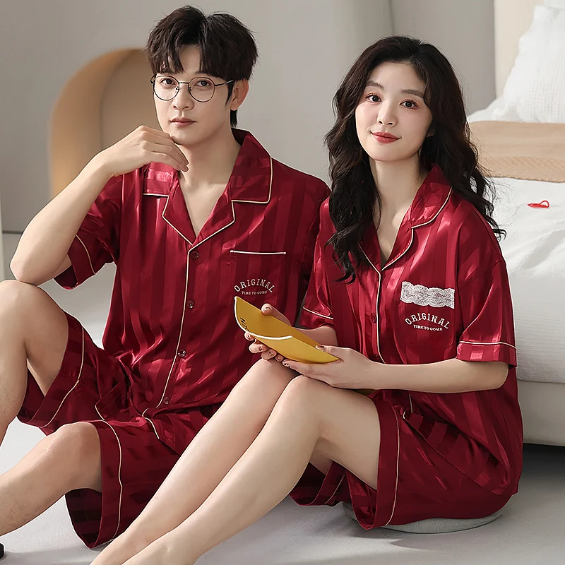 High Quality Couple Pajamas Set Summer Silk Pijama Women and Men Turn-down Collar Home Clothing Short Sleeve Pyjamas