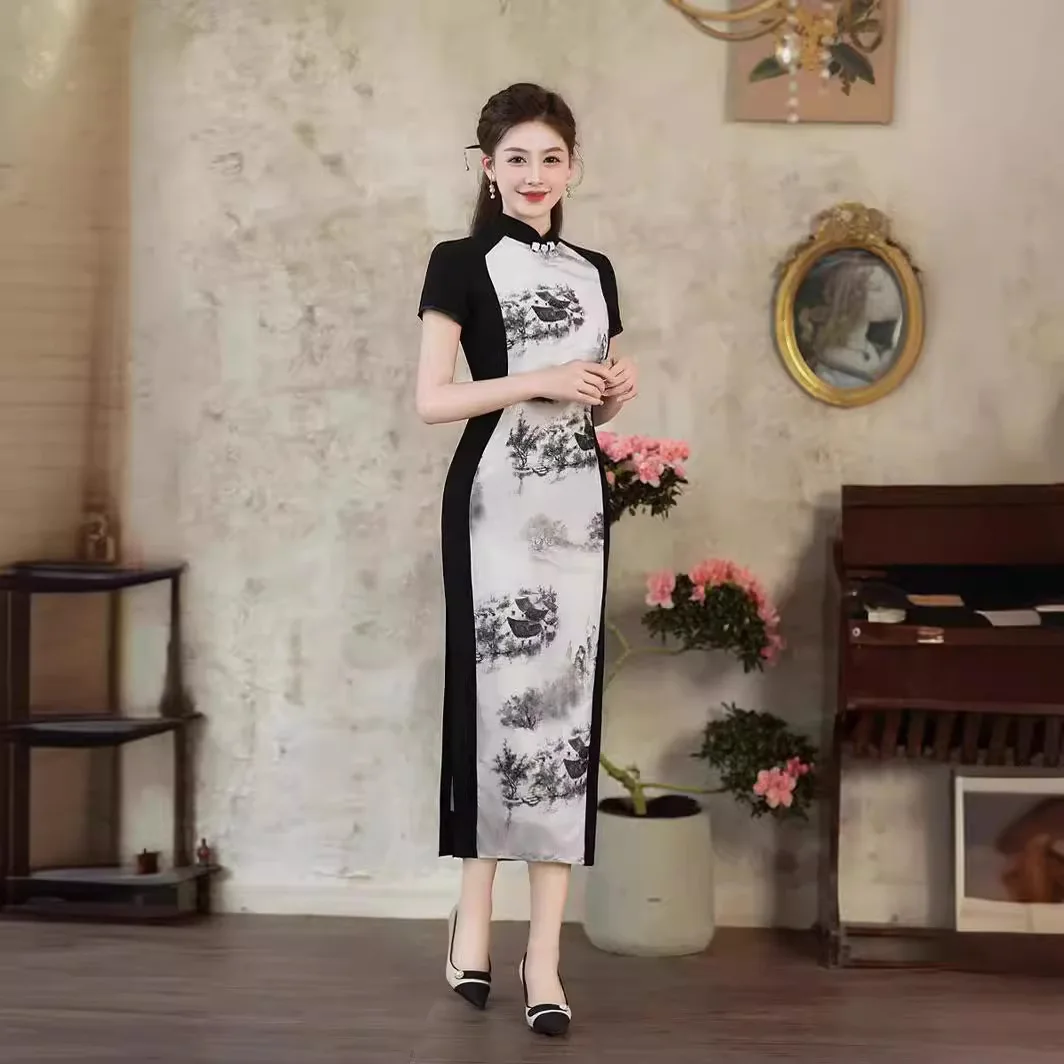 

Женское длинное платье-Ципао Old Shanghai Qipao в китайском стиле, Новинка весна-лето 2024, женское платье-Ципао с китайской живописью