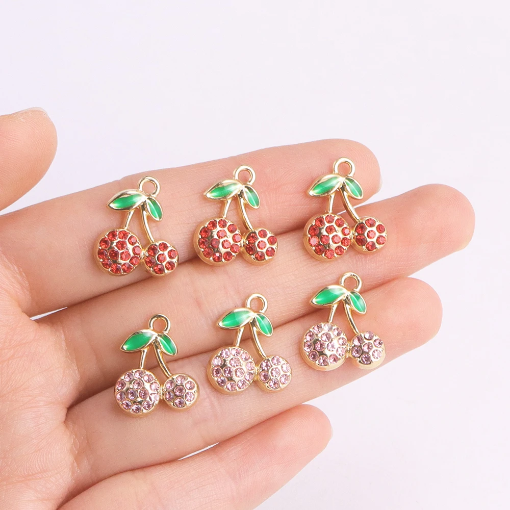 10Pcs Zircon Red Cherry Charms KC Gold Color Fruit Pendant Necklace Earrings DIY Jewelry Making High Quality Charms Supplies