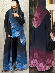 Donne musulmane stampa Abaya con sciarpa 2 pezzi Set Eid Abayas Cardigan Casual abito lungo caftano Party Ramadan modesto caftano 2024