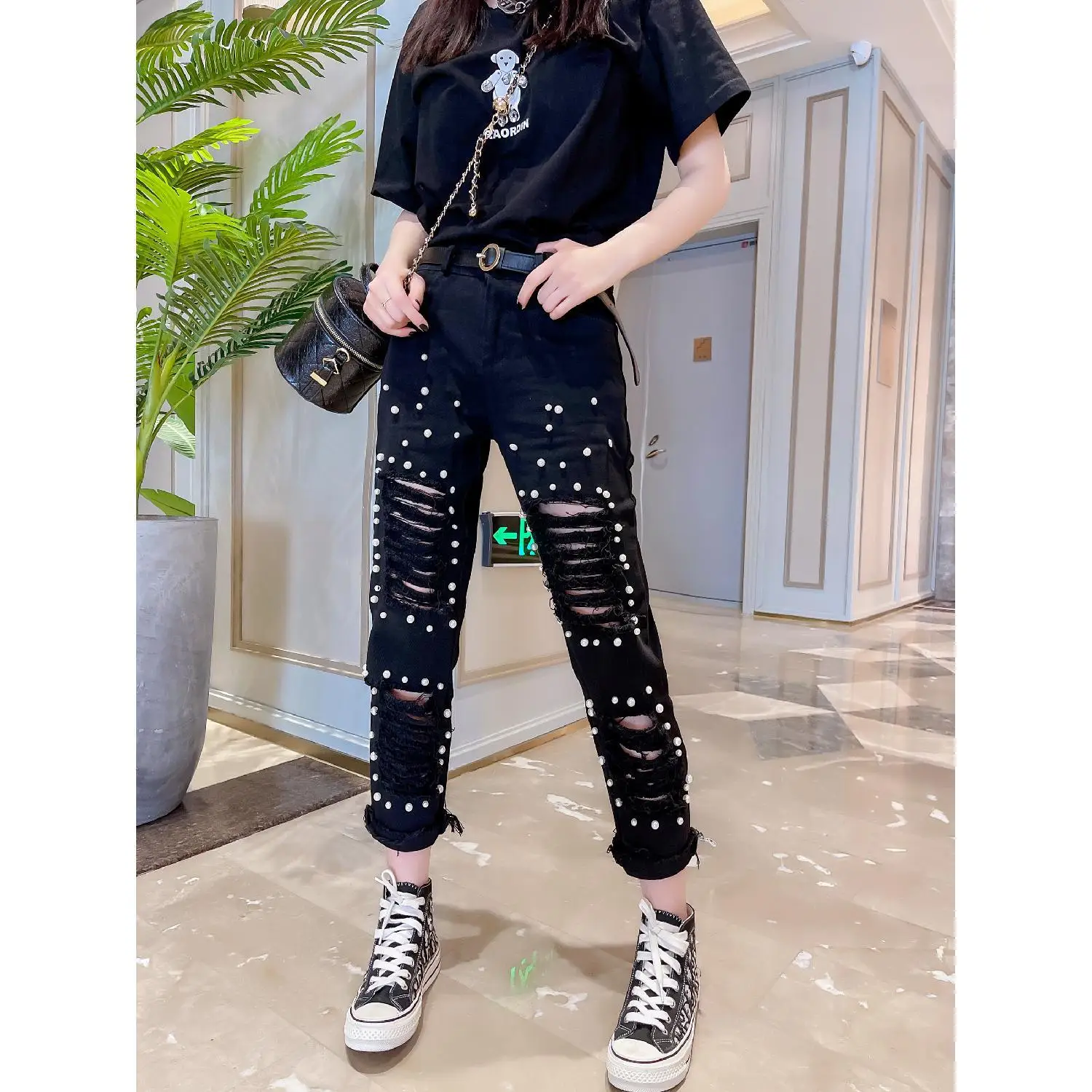 Black Beading Hole Jeans Women Spring Summer Pearl Decoration High Waist Straight Pants Fashion Trend Punk Style Denim Pants