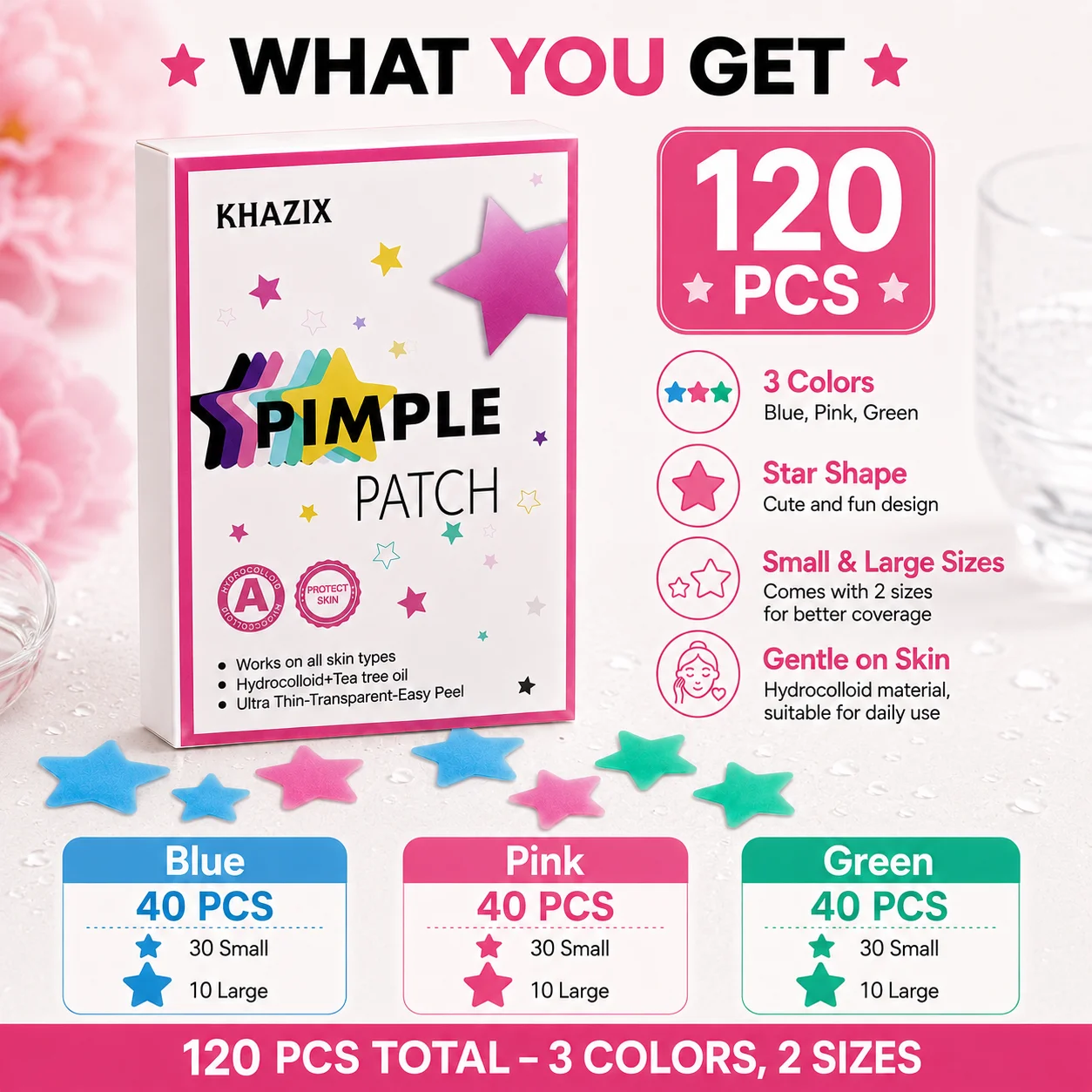 120PCS Star Acne Patches Hydrocolloid Pimple Patches Blue Green Pink Cute Spot Stickers for Face Body Day Night Care