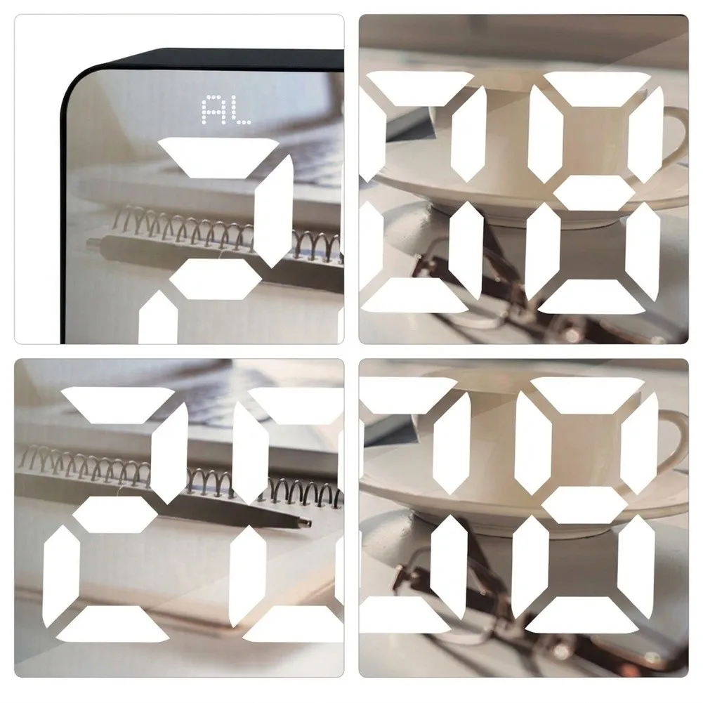 White Plastic for LED Alarm Clock Compact 15x3.5x6cm Silent Operation Night Light Function Mirror Finish Modern Desk Clock