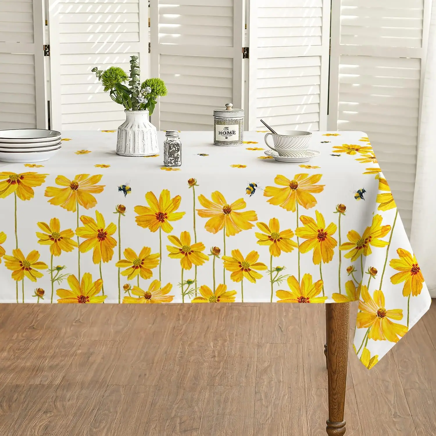 Spring Yellow Daisy Bee Rectangular Tablecloth Summer Watercolor Sunflower Blooming Floral Table Cover Wedding Party Table Deocr