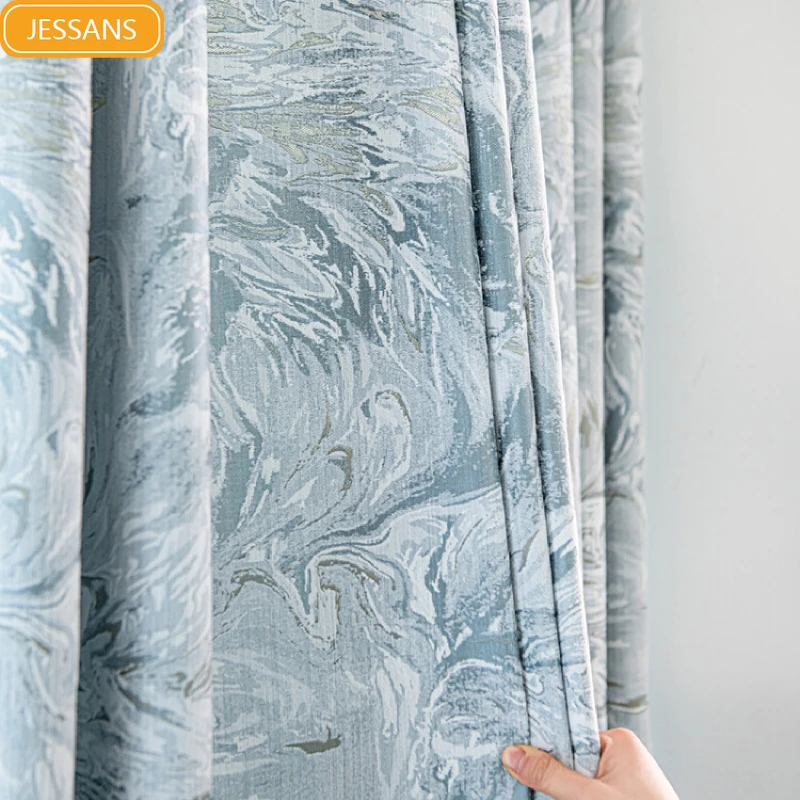 Mediterranean Blue Painting Jacquard Chenille Thickened Blackout Curtains for Living Room Bedroom Falling Floor Window Balcony