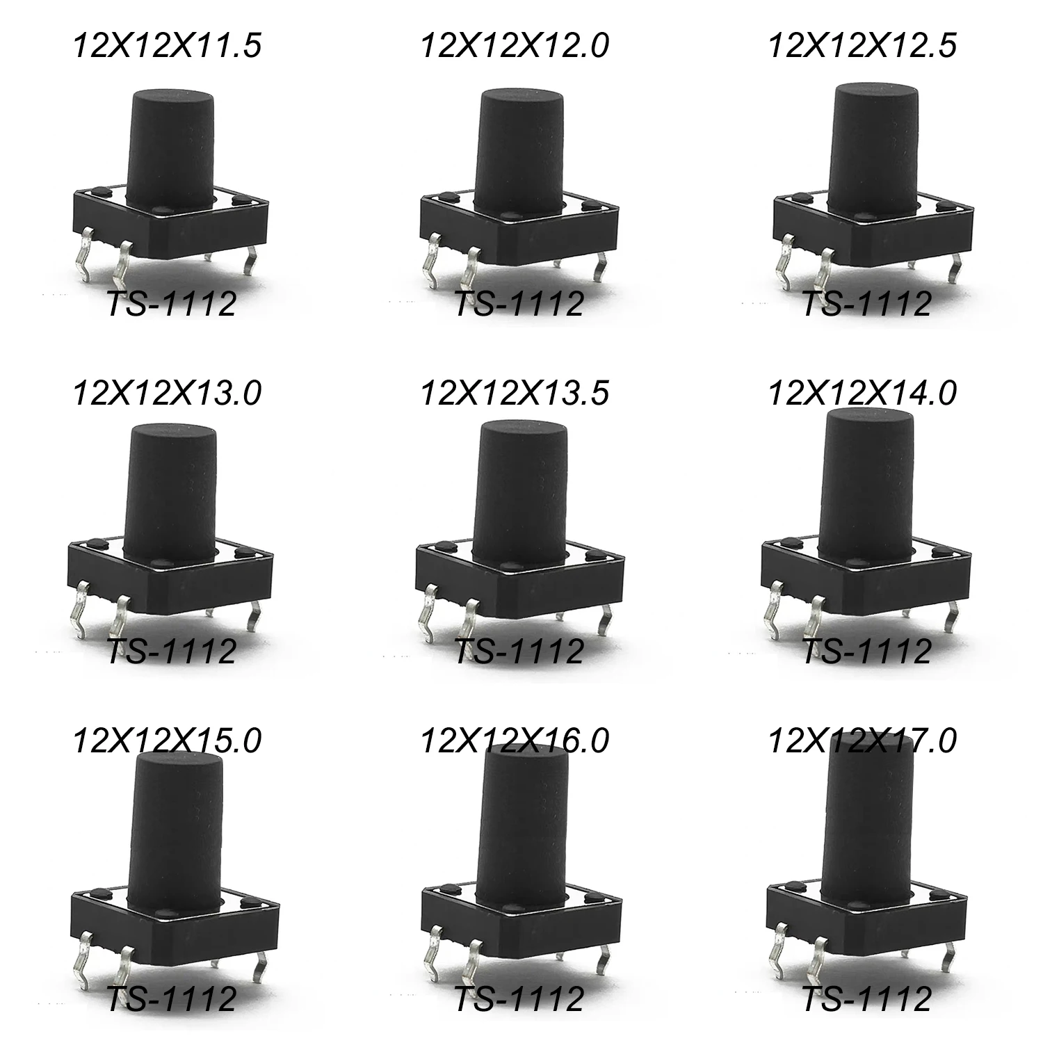 20PCS 12X12 H=11.5/12/12.513/13.5/14/15/16/17MM 4PIN DIP SMT Momentary Tactile Tact Switch Push Button Key Button Black