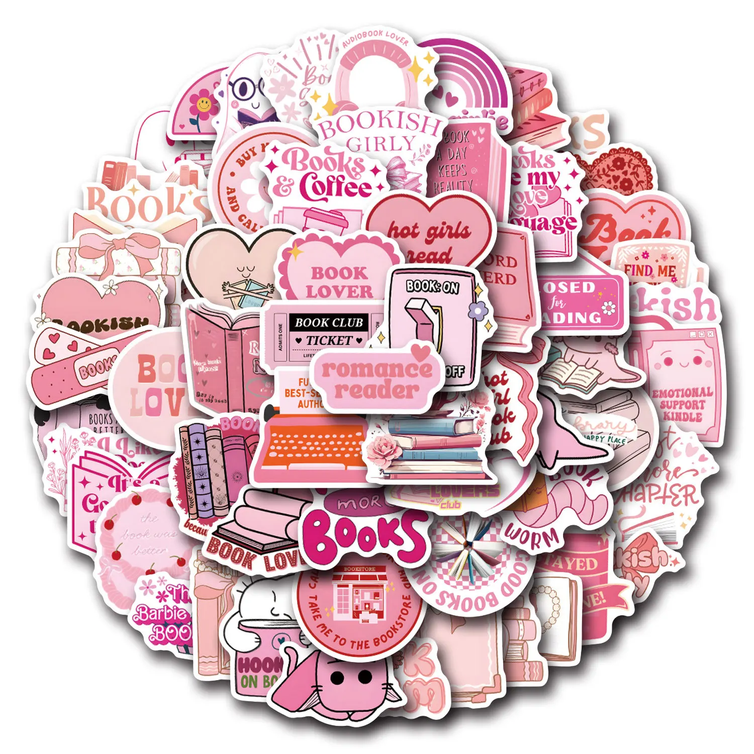 

60PCS Cute Pink Bookish Stickers Reading Book Cartoon Decals DIY Scrapbook Laptop Phone Luggage DIY Toys Decoration Gift