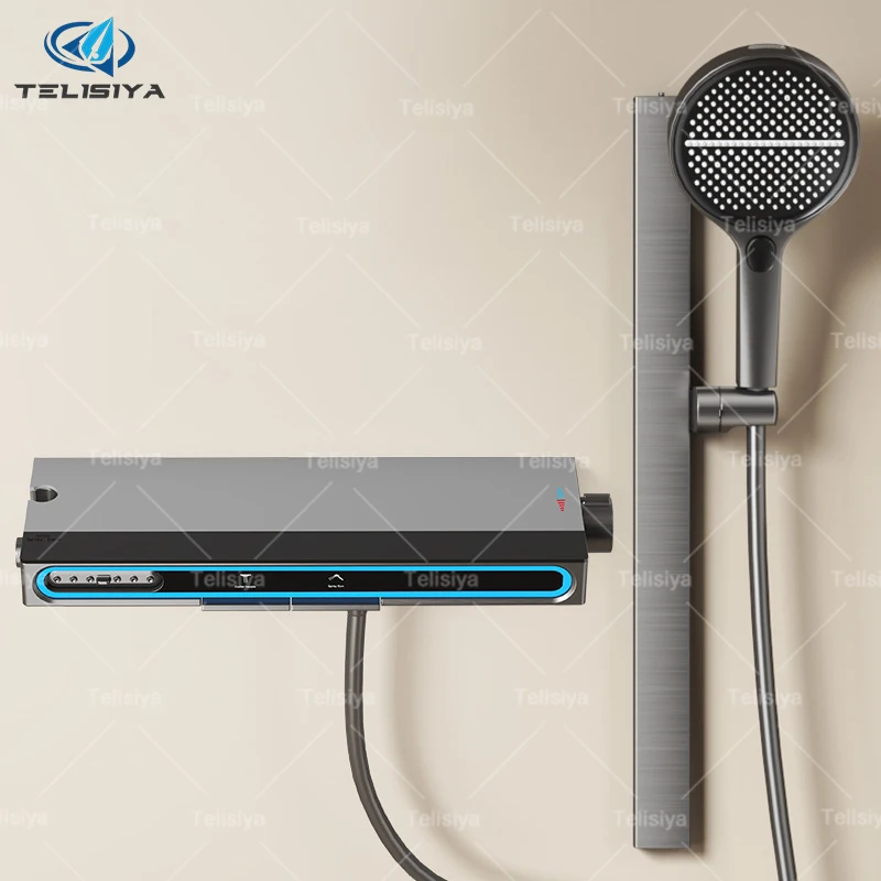 

Gun Gray Split Type Pressurized Shower Set Ambient Lighting Digital Display Multifunctional Piano Keys Shower System Set