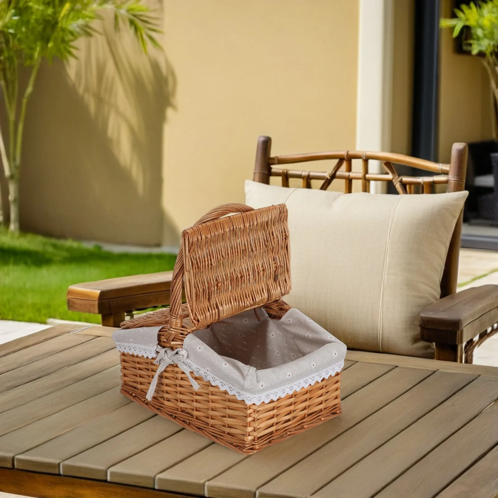 Wicker Picnic Basket Removable Liner Natural Willow Woven Hamper Handle Outdoor Camping Food Storage Rustic Picnic Basket