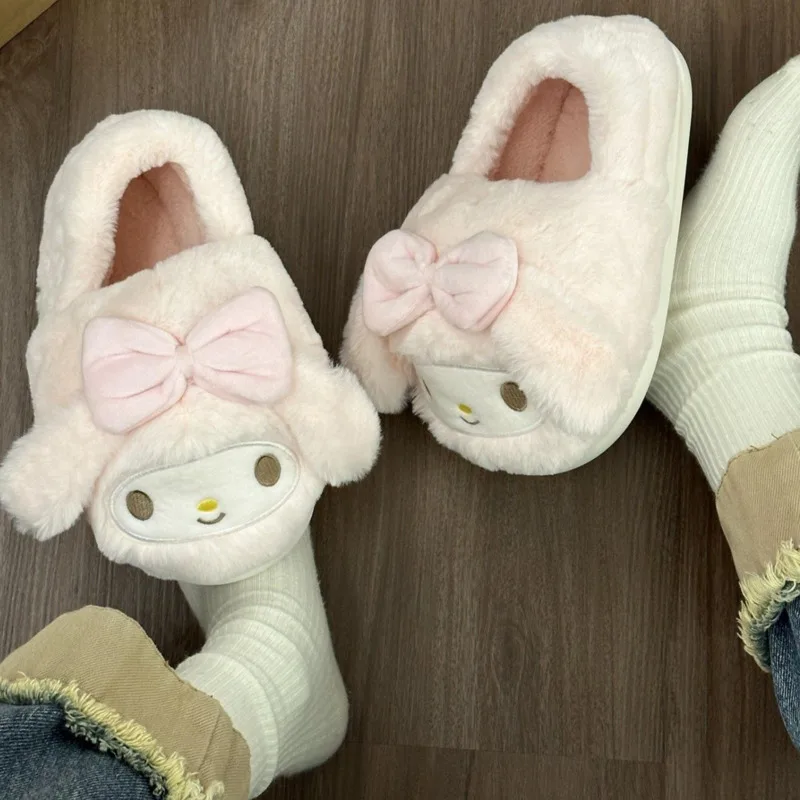 Sanrio Melody Slippers Kawaii Kuromi Winter Indoor Home Thick Warm Cute Plush Shoes Footwear Hello Kitty  Cinnamoroll Y2k Shoes