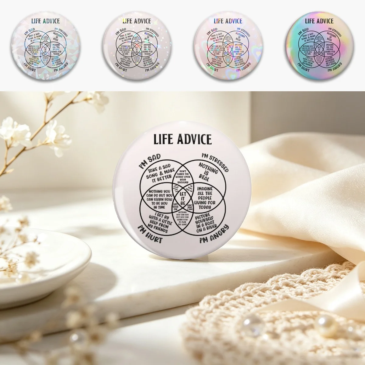 Life Advice Pin Holographic Star Heart Pin Brooches Laminated Button Fashion Accessory