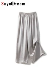 SuyaDeam 100%Pure Silk Solid Women  Elastic Waist Wide Leg Pants 2022 Spring Summer Ankle-Length Solid Chic Trousers Cozy Bottom