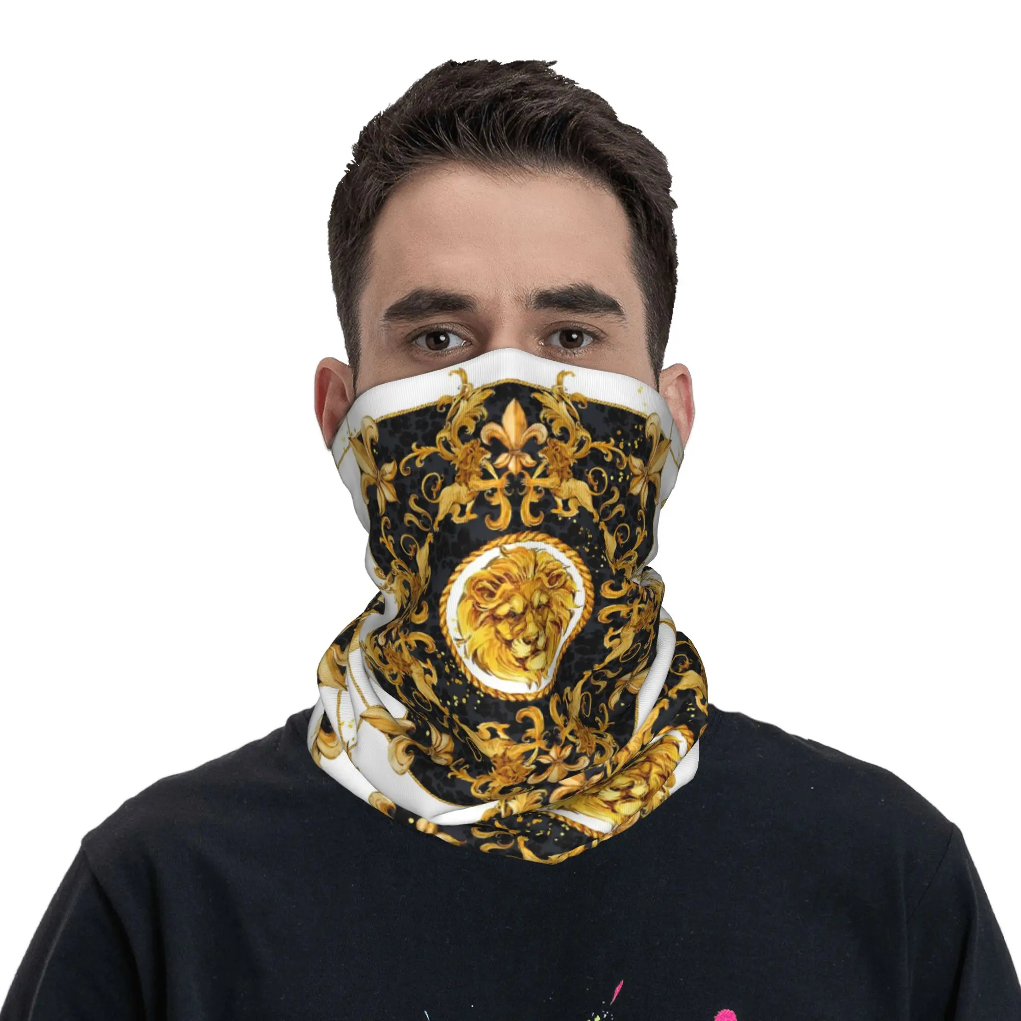 Baroque golden lion and damask ornament Bandana Neck Gaiter Printed Magic Scarf Headband Cycling for Men Women Adult Winter