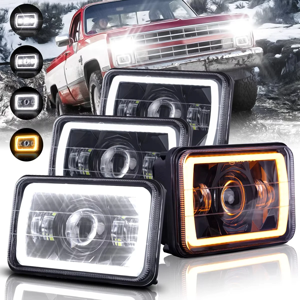 

4x6 In LED Headlight 4PCS with White/Amber DRL Turn Signal Rectangle LED Headlight High Low Beam with H4651 H4652 H4656 H4666