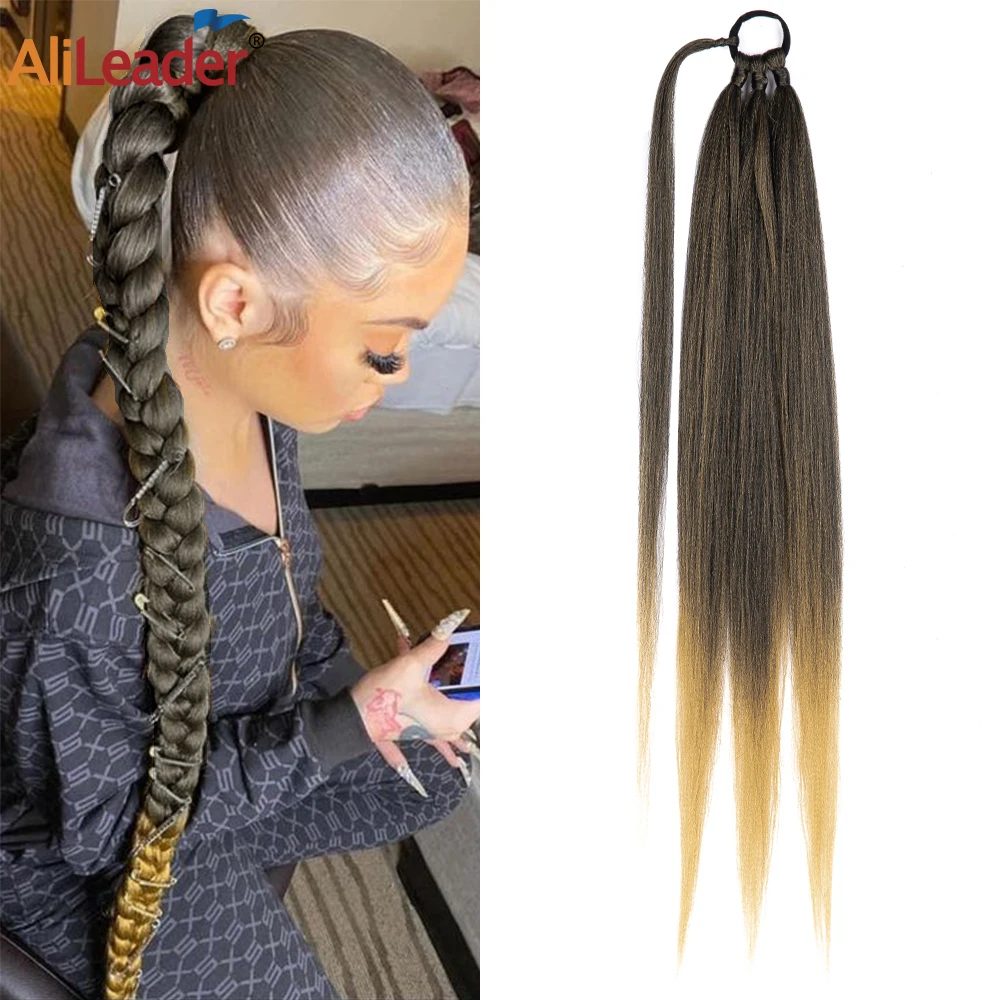 26 Polegada extensões de cabelo sintético trançado rabo de cavalo para mulheres ombre yaki trançado rabo de pônei com laço de cabelo fibra de baixa