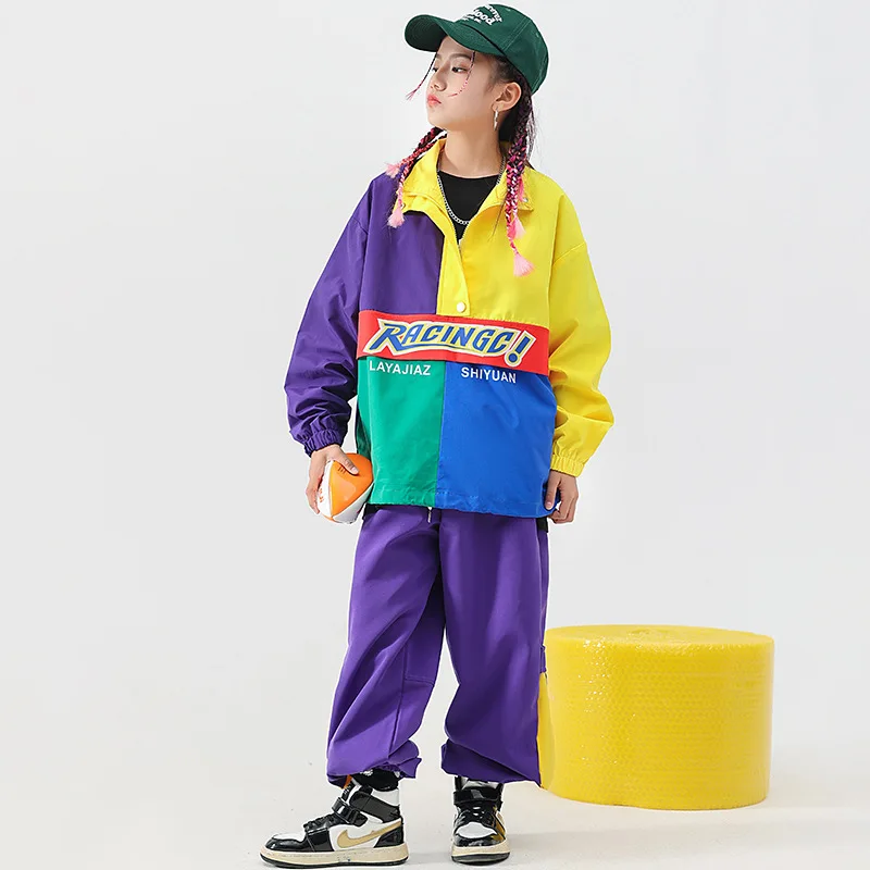 Kind Hip Hop Kleidung Set Farbblock Pullover Jacke Top Lila Straße Jogger Hosen für Mädchen Junge Jazz Dance Kostüm Kleidung