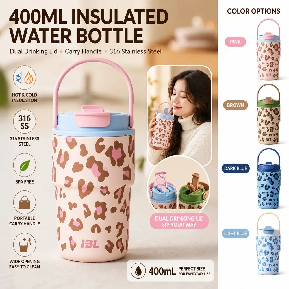 Stainless Steel Insulated Water Bottle Leopard Print Dual Drinking Lid Thermal Water Bottle 400ML Carry Handle
