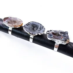 Rikei Heathy Natural Brazilian Agate Geode Rings For Women Amorphous Primitive Mineral Ore Adjustable Knuckle Ring Gift Silver