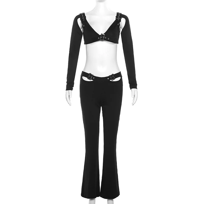 Nibber Stretchy Sporty  Women Black Two Piece Set Sexy Slim Hollow Out Long Sleeve Crop Top+ Casual Flare Pants Lady Tracksuits