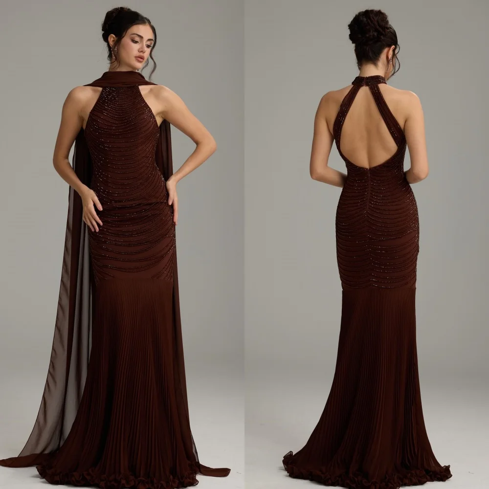 맞춤형 우아하고 정교한 쉬폰 비딩 주름 장식 머메이드 하이 칼라 롱 드레스 이브닝 드레스 다양한 사이즈 제공