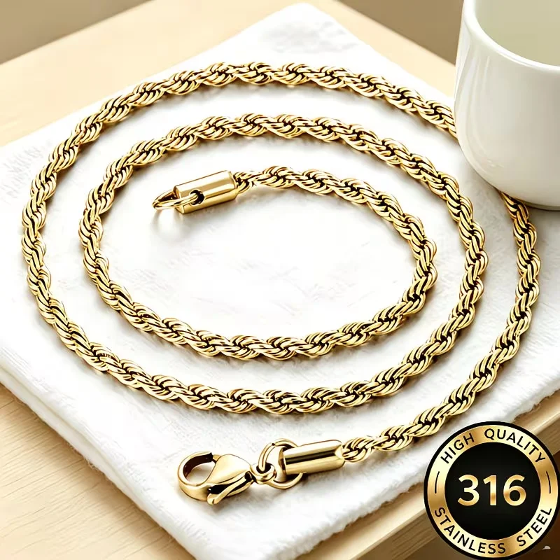 Classic Dainty Gold Color Rope Chain Necklaces for Women Men Chic Twisted Collar Waterproof Stainless Steel Link 2/3/4mm Width