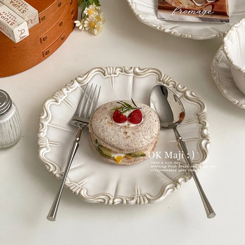 French Plate Creative Relief Plate Western Food Plate Household Medieval Tableware Ceramic Dish Retro Cake Dessert Plate
