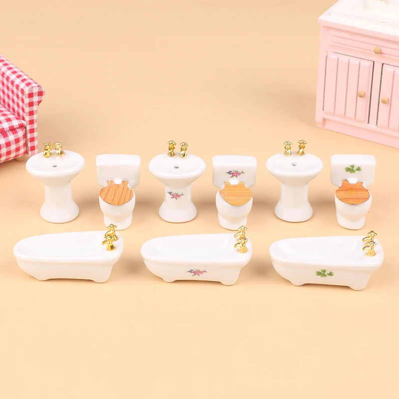 1Set 1:12 Dollhouse Bathroom Furniture Decor Miniature Bathtub Toilet Washing Table Matching Model Toy Doll House Accessories