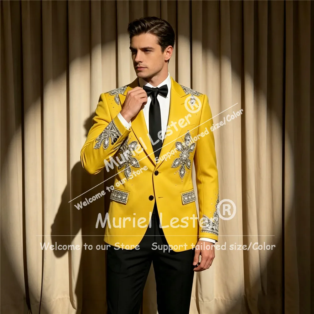 Exclusive Wedding Suit For Men Diamond Beaded Jacket Pants 2 Piece Sets Groom Tuxedos Single Breasted Prom Blazer Ropa Hombre