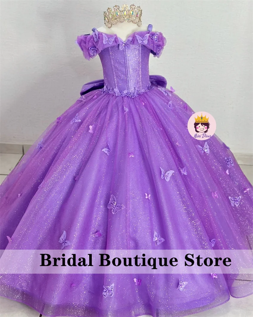 

Princess Lavender Puple Flower Girls Dresses Applique Butterfly With Bow Beads Pageant Dresses Child Girls Corset Gown Customize