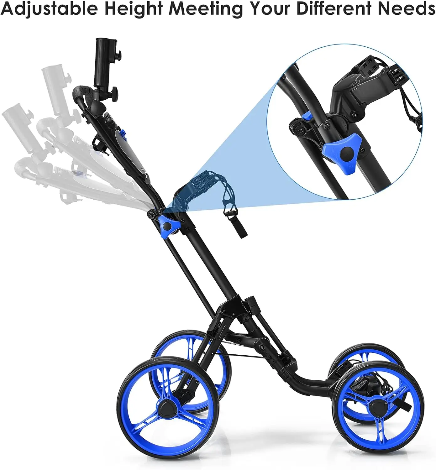 Folding Golf Push Cart, 4 Wheel Height Adjustable Golf Trolley with Flexible Umbrella Holder, Cup Holder and Foot Brake, Lightwe