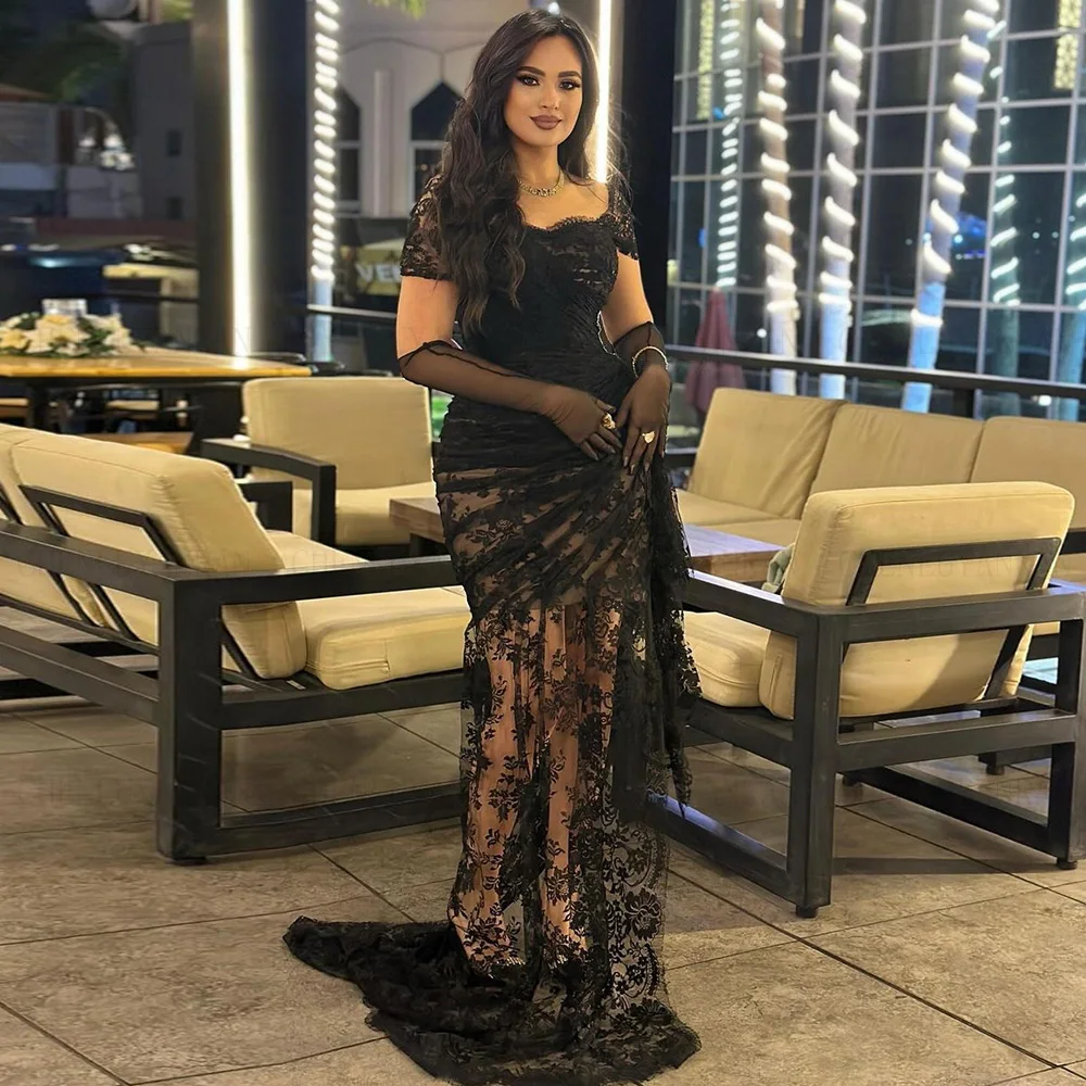 

Illusion Sexy Formal Occasion Dresses 2024 Pleat Lace Mermaid Long Ball Gowns Side Split Black Evening Party Gown فساتين الحفلات