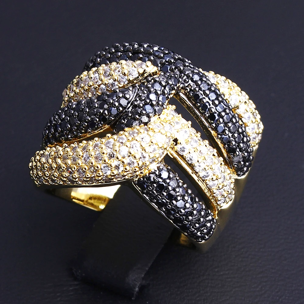 Clearance Stock Rings White/Gold/Black 2 Tone Pave Shiny Cubic Zircon Finger Ring Gold/White Color Fashion Jewelry