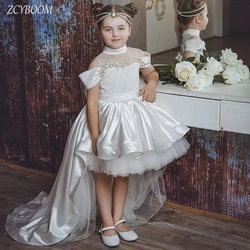 Vestido personalizado con lazo de perlas y hombros descubiertos para niña, vestido de flores para boda, vestido de baile, vestido de primera comunión de princesa pequeña 2024