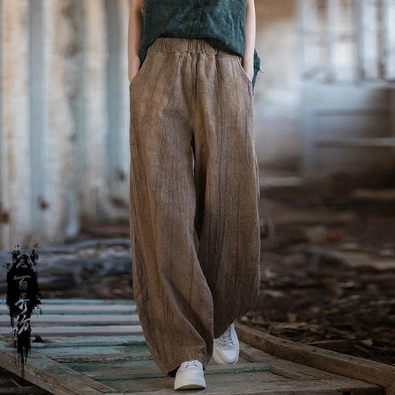 

Summer Cotton Linen Women's New Sle Tie Dye Vintage Long Pants Artistic Casual Lantern Pants for Travel And Leisure