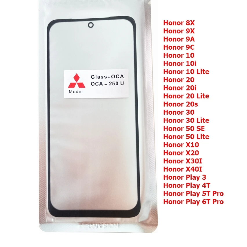 

10PCS For Huawei Honor 8X 9X 9A 9C 10 10i Lite 20 20i 20S 20e 30 30S 30i 50 SE Play 3T 4T 5T 6T Pro Front Outer Glass Lens + OCA