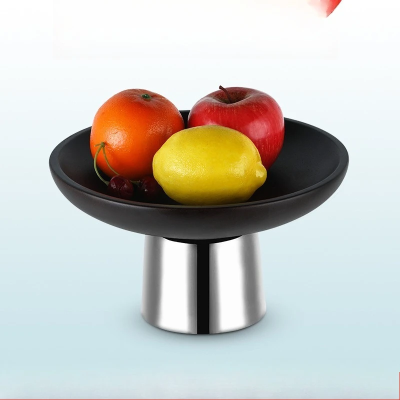 High-grade red oak fruit plate, modern creative stainless steel fruit plate, living room dining table ornament